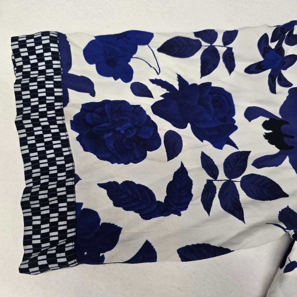 Cabi Blue White Floral Kimono Wrap Jacket Geometric Trim Open Front M/L - Picture 4 of 7